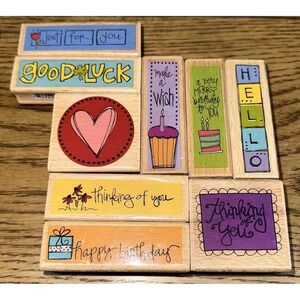 Vintage Kolette Hall Wooden Mount Rubber Stamp Lot (9) Greetings Hello Birthday